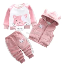 Дети утолщение Теплый жилет с капюшоном+ свитер+ штаны, 3 предмета в комплекте, спортивный костюм школьные для мальчиков для девочек с героями мультфильмов; спортивный костюм с котом для детей, спортивный костюм