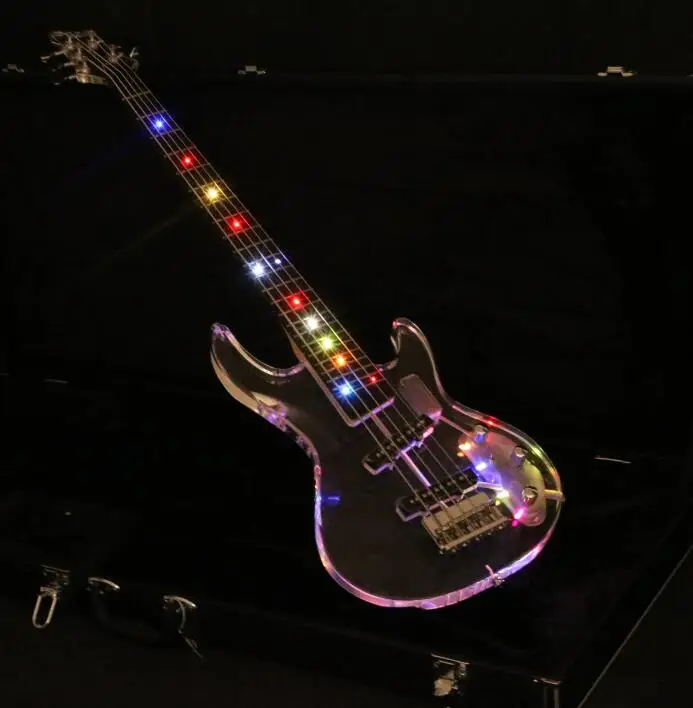 5 струн, акриловый корпус для электрической бас-гитары, гитара с отделкой кристаллами, цветной светодиодный свет, лады, бас,, хорошее качество