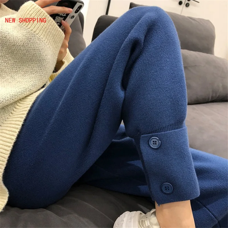 

Blue Grey New 2020 Autumn Winter Women Pants Knitting High Waist Wide Leg Pockets Ankle-Length Harem Lady Warm Trousers Knitwear