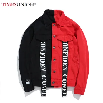 

Japanese Streetwea Men Black Red Patchwork Printed Denim Jacket Men Washed Distressed Letter Ribbon Hip Hop Jeans Jacket Women