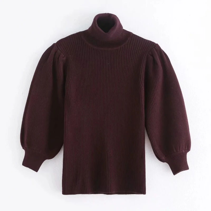 New 2020 women fashion turtleneck knitted sweater puff sleeve stretchy slim fit pullovers female stylish solid color tops S236 | Женская