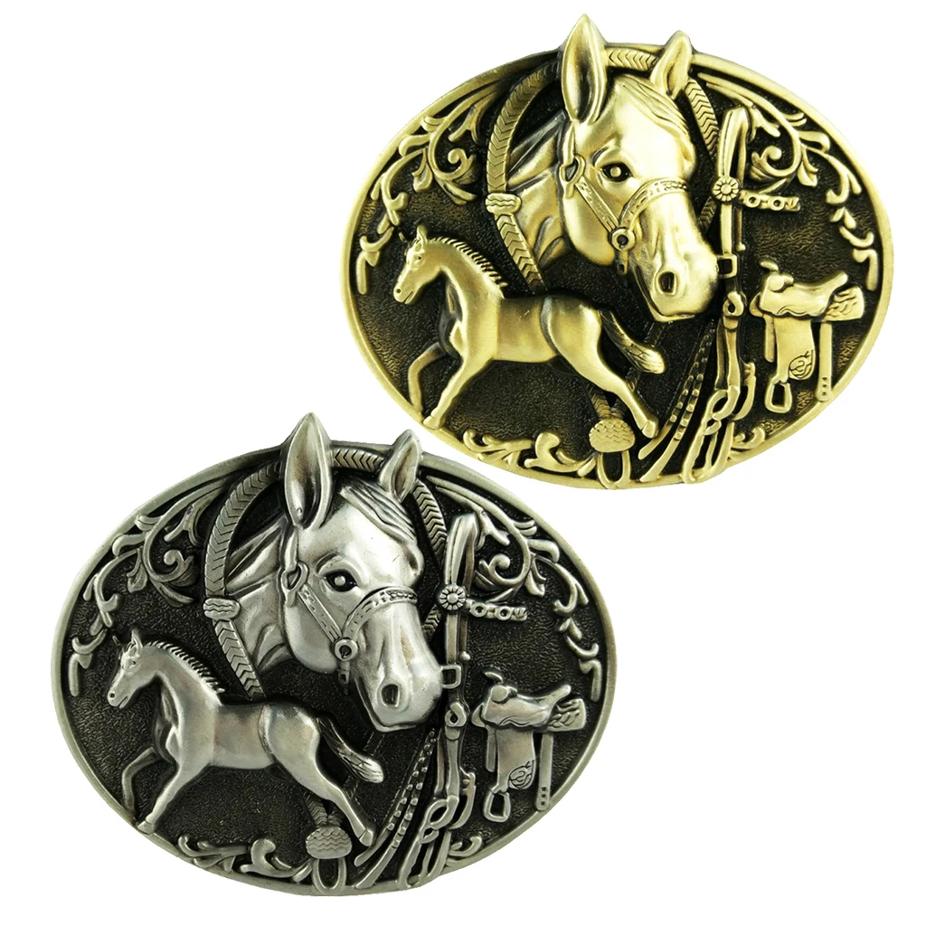

Double Horse Carving Belt Buckle Mens Metal Western Cowboy Leather Belt Jewelry hot sale western bull ox men's belt buckle