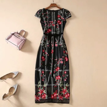 

HIGH QUALITY Newest Fashion 2020 Runway Dress Women's Short Sleeve Embroidery Gauze Pencil Dress