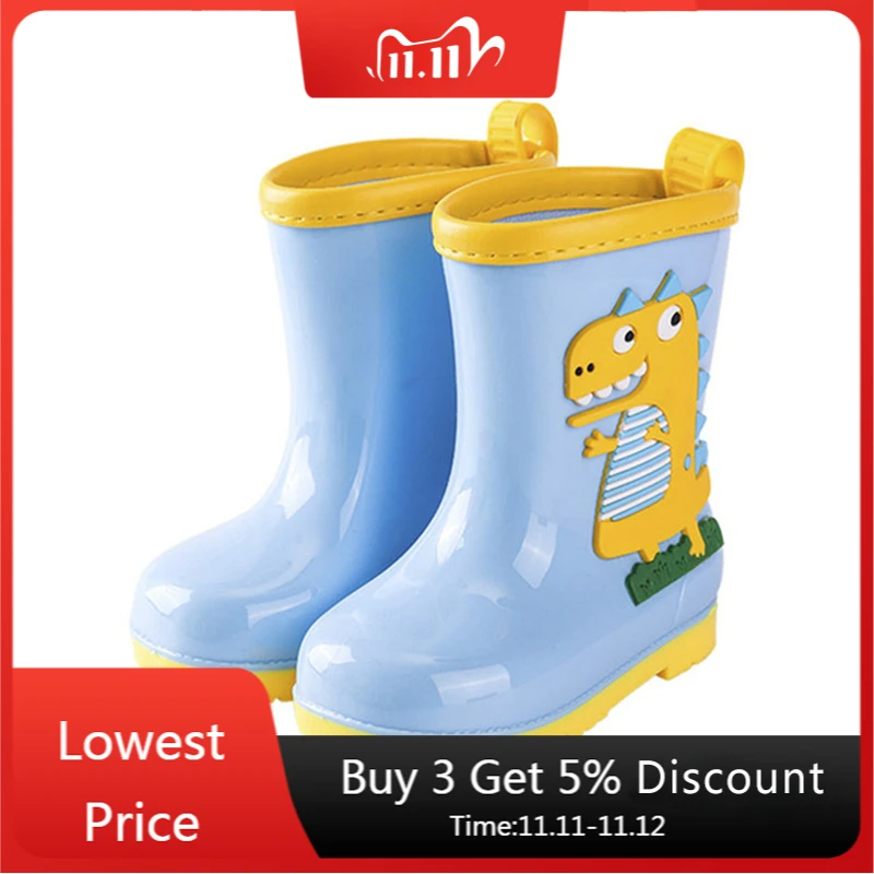 

Rain Boots Kids Boys Girls Cute 3D Dinosaur Children's Rain Boots Plush Warm Ankle PVC Waterproof Baby Water Shoes Rainboots