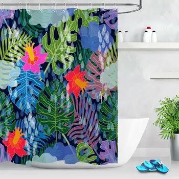 

Bathroom Waterproof Fabric Shower Curtain Set Tropical Palm Leaf Forest Flowers