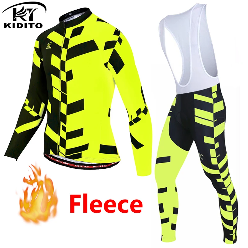 

KIDITOKT pro long sleeve cycling jersey set Ropa Ciclismo MTB ropa bike fietskleding winter Thermal Fleece MTB Bicycle Clothing