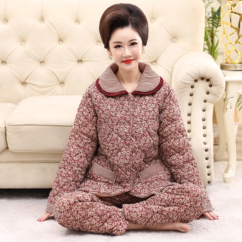 small-flower-winter-3layers-quilted-pajama-for-middle-age-women-cotton-long-sleeved-pant-sets-warm-women's-suit-winter-sleepwear