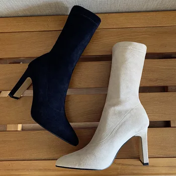 

Boots Women Autumn Winter Square Heel Solid Color Flock Pointed Toe High Heels Sexy Women Fashion Shoes