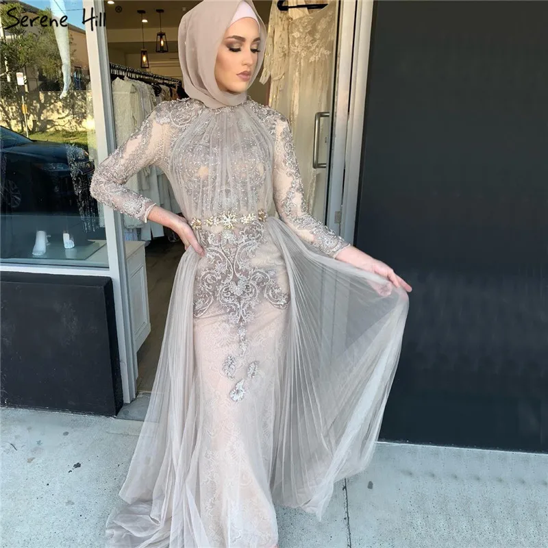 Серое мусульманское с высоким воротником роскошное высококачественное вечернее платье серое вечернее платье с длинным рукавом и шлейфом CLA70305