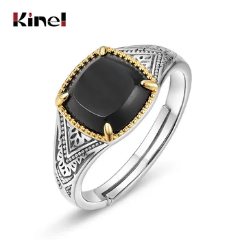 

Kinel Natural Black Agate Ring Classical Pattern Real 925 Sterling Silver Vintage Rings Unisex Fine Jewelry