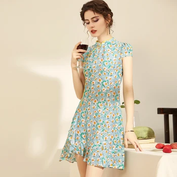 

100% Natural Silk Women's Runway Dresses Stand Collar Short Sleeves Printed Qipao Chinese Style Short Dresses