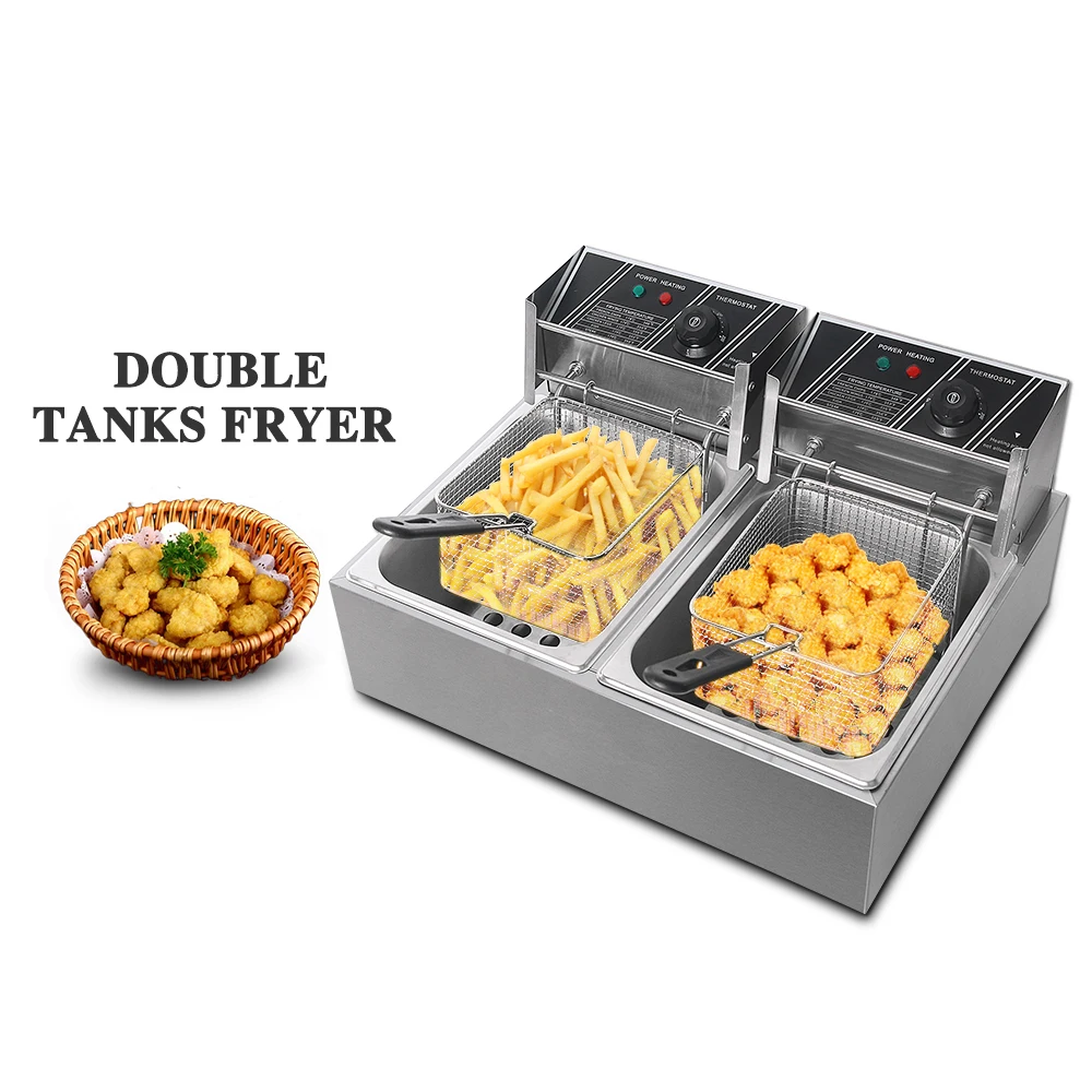

16L Commercial Double Deep Frying Machine with Stainless Steel Basket Adjusting Temperature Fries Food 2 Cylinder Kitchen