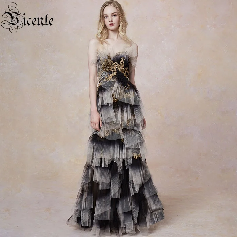 VC сетчатые каскадные оборки Vestidos сексуальные без бретелек Вечерние платья знаменитостей с аппликацией элегантные вечерние платья макси