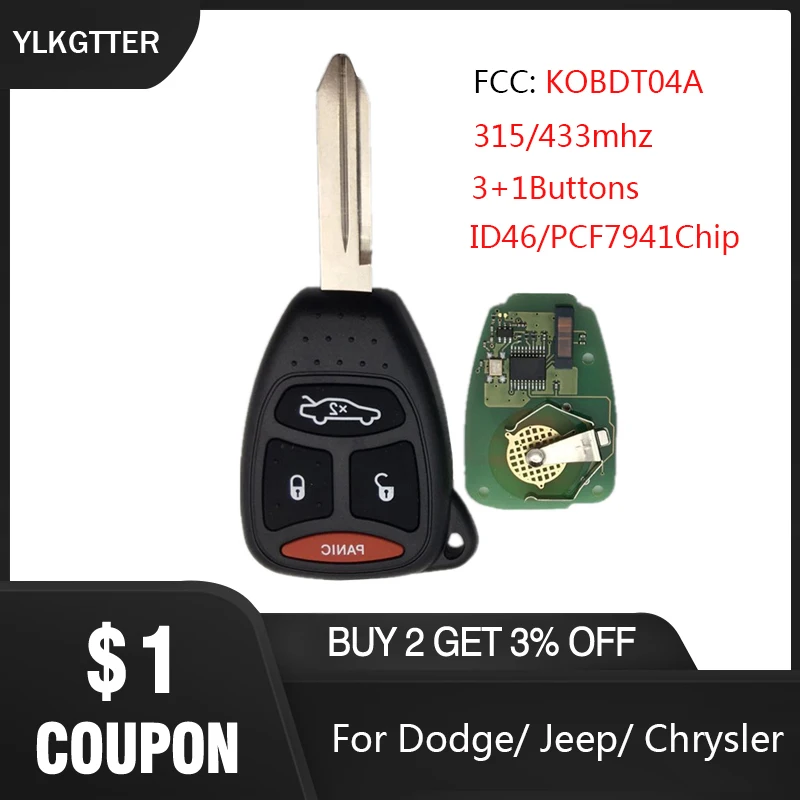 YLKGTTER 433 МГц 3+ 1 кнопки дистанционного ключа для Dodge Dakota Durango зарядное устройство для Jeep Grand Cherokee Chrysler 300 брелок для KOBDT04A