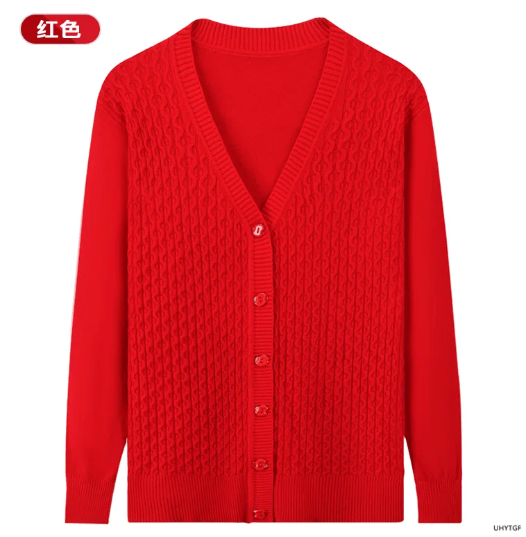 UHYTGF Elegant Mother Spring Autumn Sweater Jacket Single-Breasted Knitted Cardigan For Women Fashion V-Neck Loose Size Coat1447