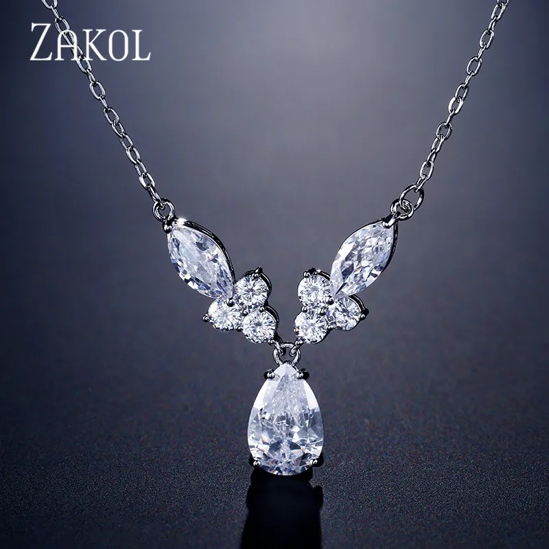 Бренд ZAKOL, уникальный дизайн, капля воды, циркония, кристалл, подвески, ожерелья для элегантных женщин, модные свадебные украшения, FSNP2110 - Окраска металла: White Color