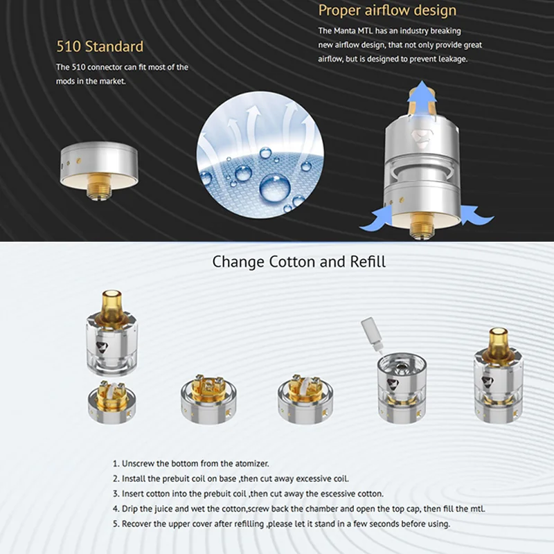  Original Advken Manta V2 MTL RTA 22MM &2ml capacity PEI Drip Tip Vaporizer vape Atomizer for 510 e 