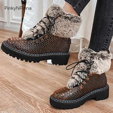 Зимние Короткие Плюшевые Теплые ботильоны с кроличьим мехом; женская обувь из натуральной кожи с перекрестной шнуровкой на платформе; женская обувь с рисунком питона