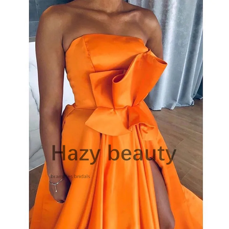 Оранжевые Выпускные платья со складками с разрезом сбоку без бретелек, сатин элегантные длинные вечерние платья с рюшами женские вечерние платья