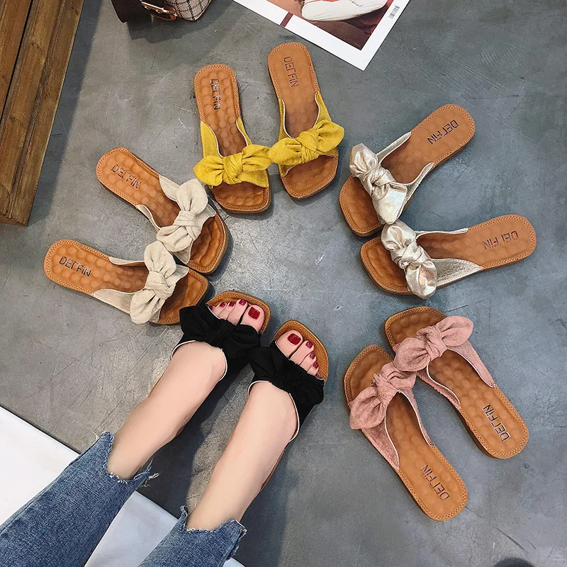 

2019 Spring Summer New Style Korean-style Versatile Straight Line Flat Top Shoes Students Casual Outer Wear Bow Slipper