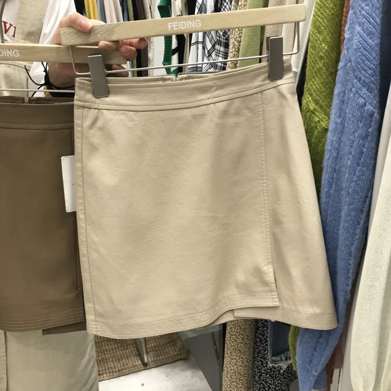 

South Korea 2019 Autumn Clothing New Style Korean-style after Zipper A- line Skirt Small Slit Female Skirt Pu Short Skirt Women'