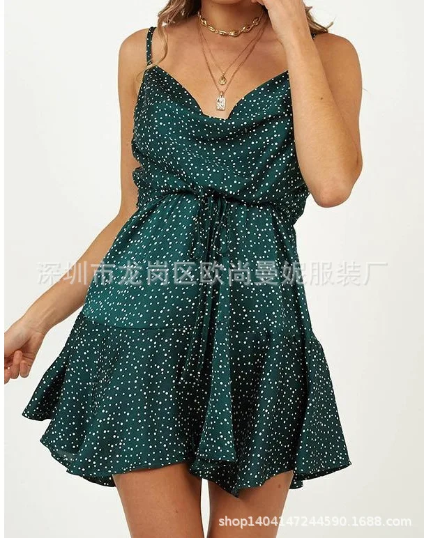 

2019 Europe And America-WOMEN'S Dress Camisole Backless Polka Dot Elastic High-waisted Satin Dress