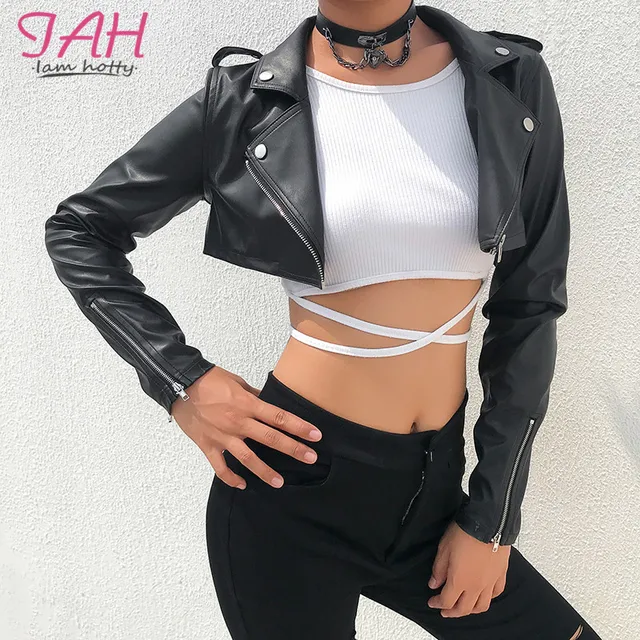 Iamhotty Black PU Leather Crop Jacket Street Wear Punk Style Womens Coats Long Sleeve Turn-Down Zipper Short Jacket 2019 Fashion 1