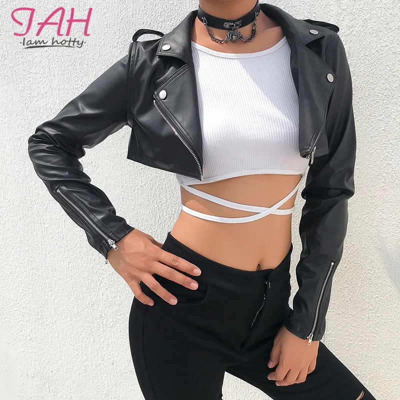 Very best  Iamhotty Black PU Leather Crop Jacket Street Wear Punk Style Womens Coats Long Sleeve Turn-Down Zip