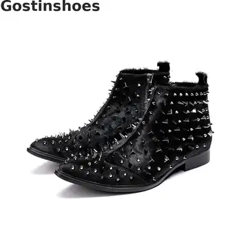 

Fashion Black Rivets Men Boots Genuine Leather Men Short Ankle Work Boots Zipper Pointed Toe Spring Autumn Boots Men