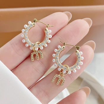 Korean Fashion Design Letter M Women Earring Temperament Micro Inlaid CZ Drop Earrings Wedding Jewelry for Bridal Charm Pendant
