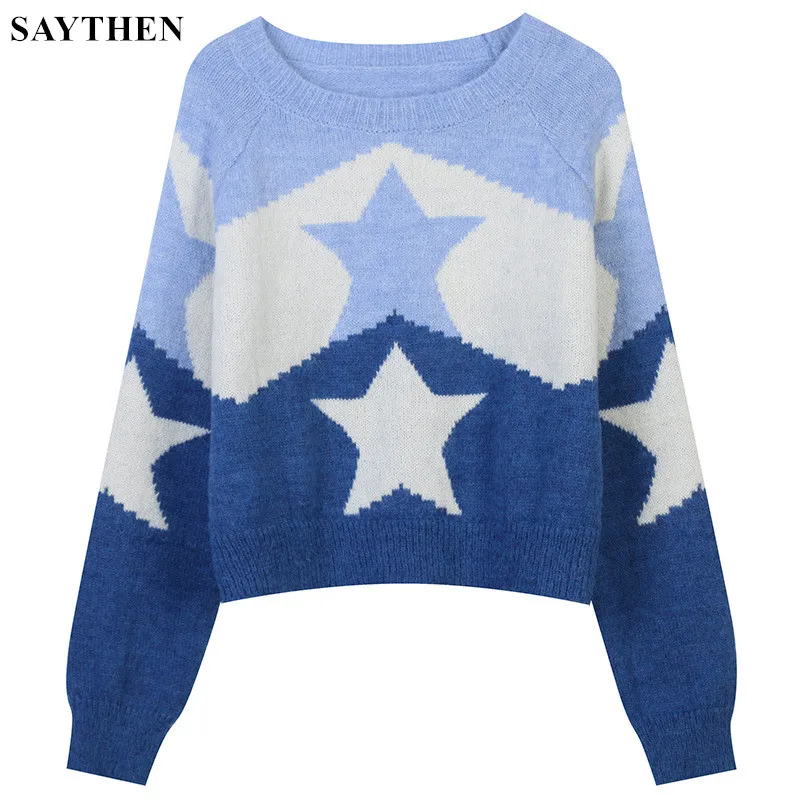 

SAYTHEN Autumn And Winter Round Neck Long-Sleeved Short Hit Color Five-Pointed Star Embroidery Loose Temperament KnittedPullover