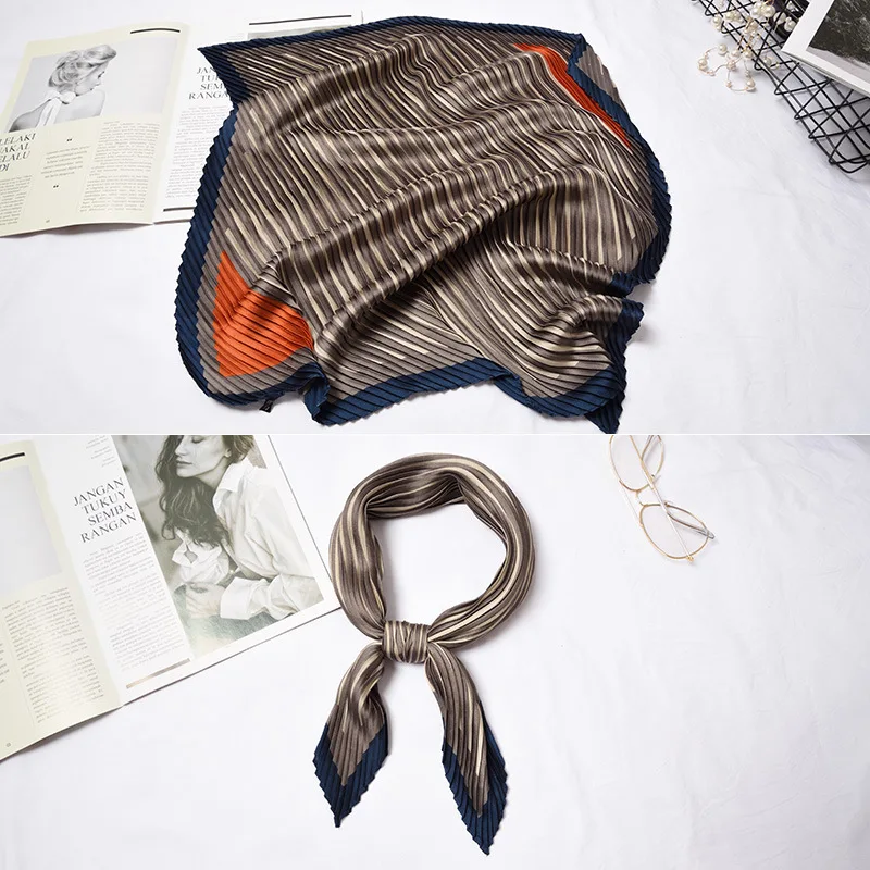 Сложенный плиссированный шелковый шарф, Изысканный Ретро Модный принт, украшение от морщин, солнцезащитный крем, дикое искусство, маленький квадратный шарф, размер 55*55 см - Цвет: 14