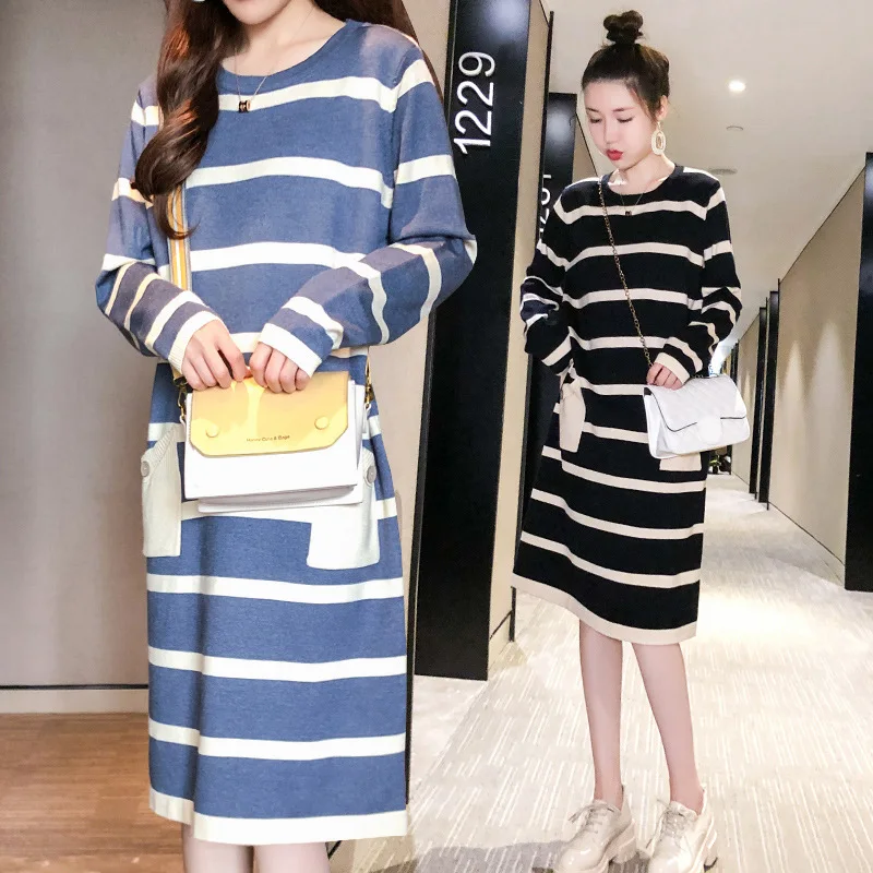 

Mid-length Dress Fashion Models Tops Nursing Loose And Plus-sized Stripes Core-Spun Yarn Sweater Feeding Dress