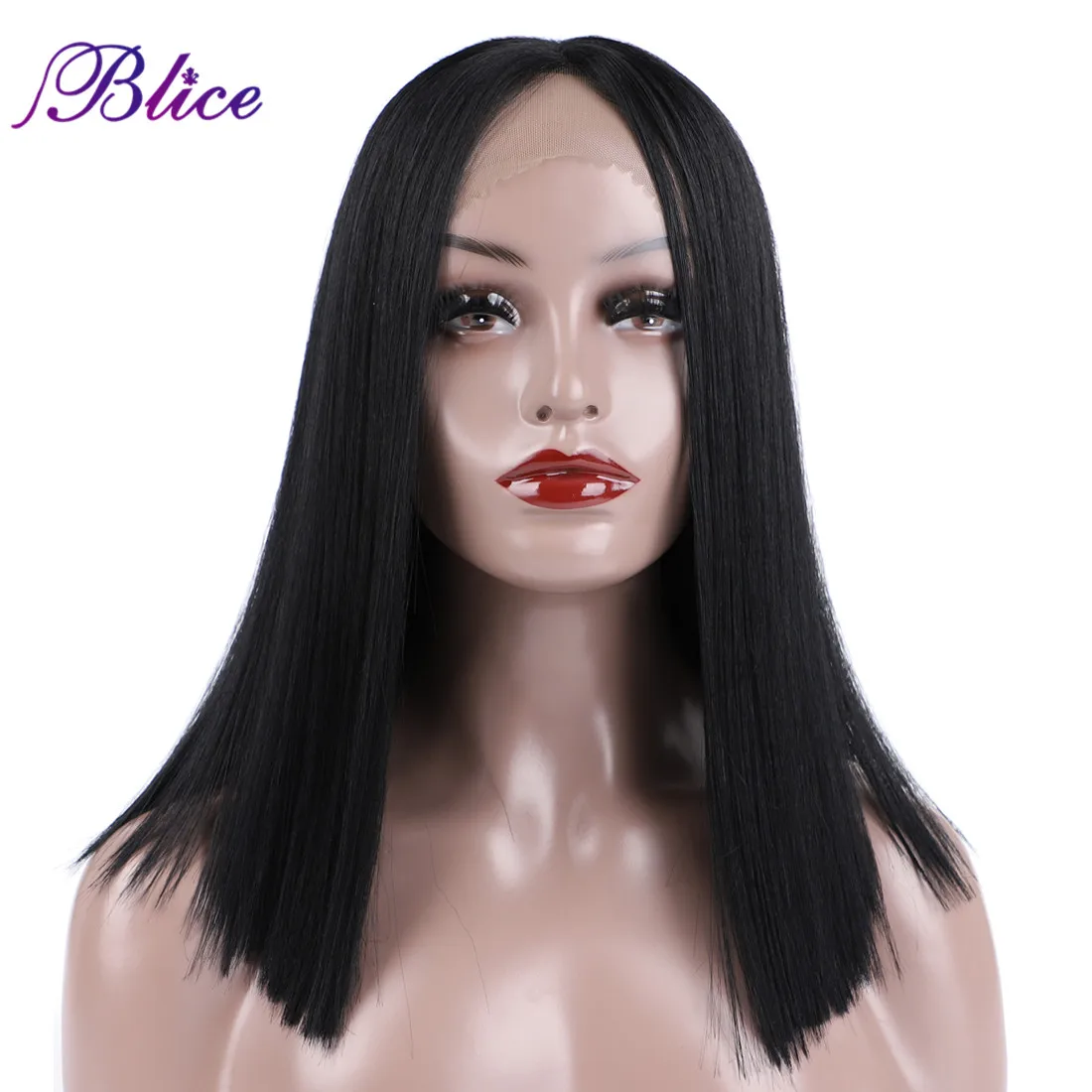 

Blice Straight Short Bob Front Lace Synthetic Hair Wigs Natural Black Middle Part Wig Elastic Net With Three Combs
