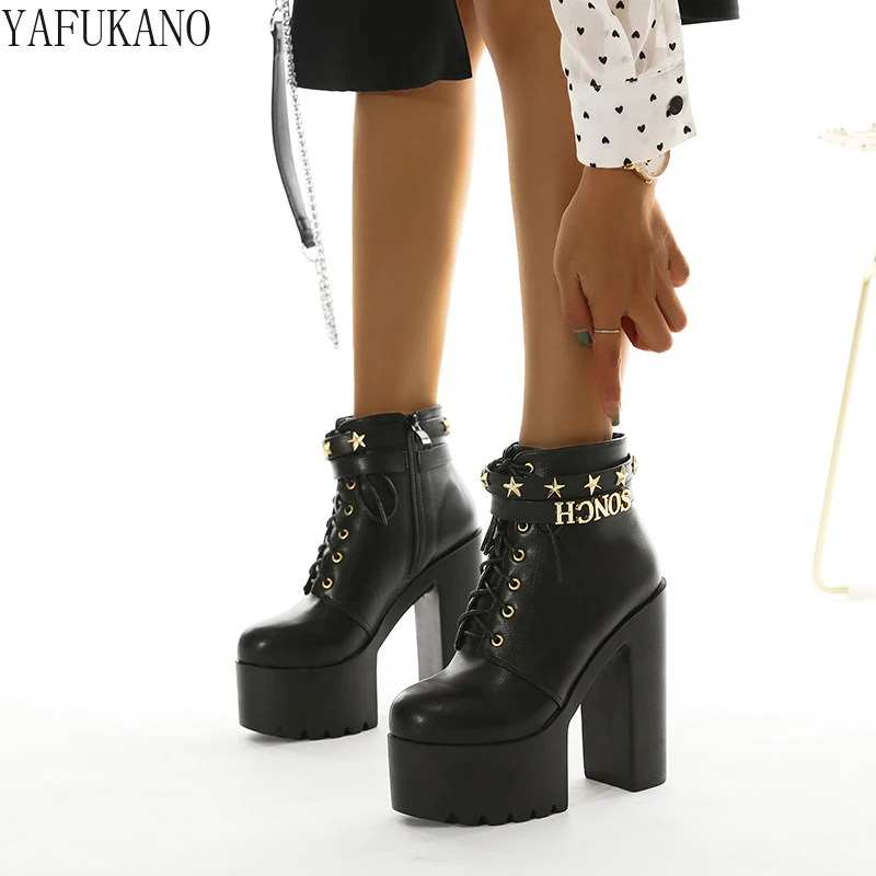 

15cm Super High Heels Fashion Side Zipper Women Boots Women Rivet Platform Party Cocktail Pumps Nightclub Catwalk Ankle Boots