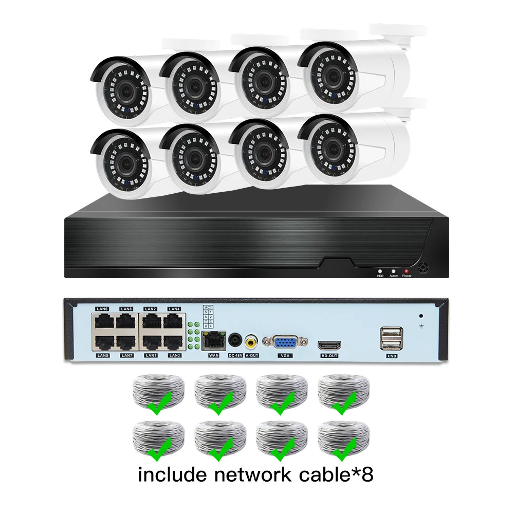 8ch 5MP POE комплекты H.265 система видеонаблюдения PoE NVR наружная металлическая водонепроницаемая IP камера сигнализация видеонаблюдения Видео P2P P6Spro - Цвет: 8cams add cable