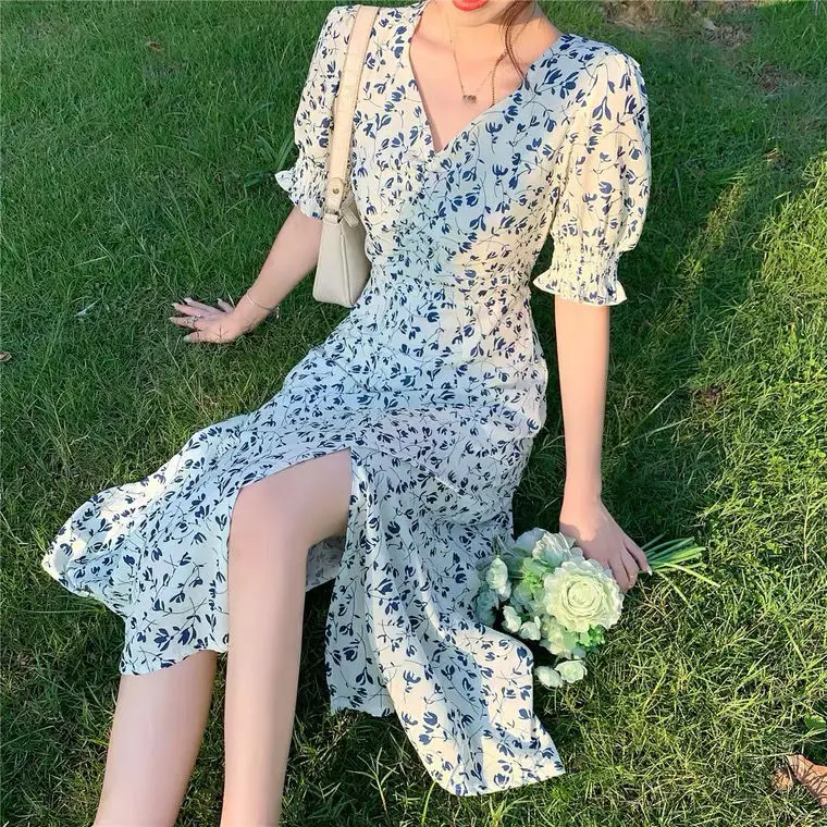 Dress Women Vestido Vintage Elegant Midi Puff Sleeve Stylish V-Neck French Style Summer College Print Empire Hepburn Temperament slip dress Dresses