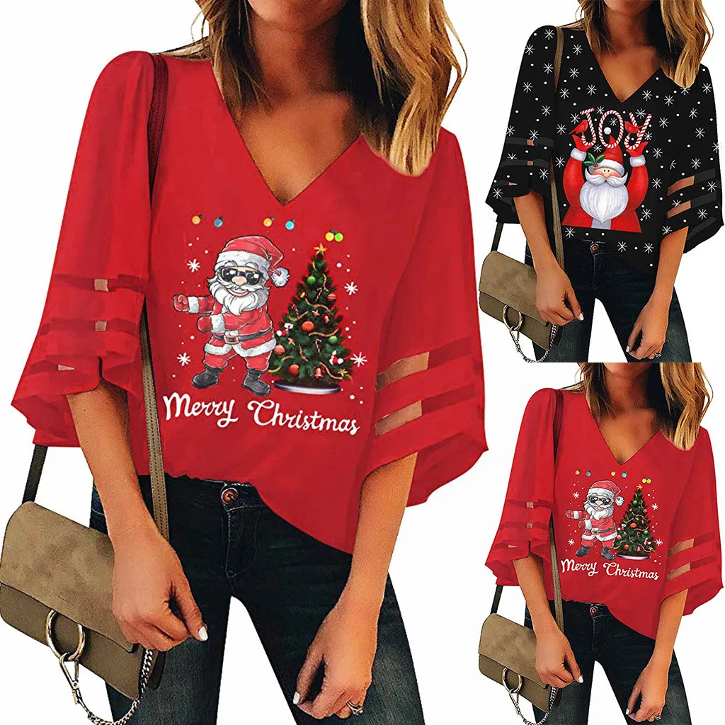 Blouse Women Shirt Women Tops блузка женская Christmas New Black Red V-Neck Mesh Top Trumpet Sleeves Loose Blouse Free Ship Z4