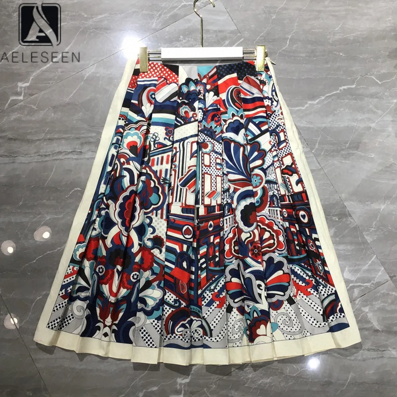 

AELESEEN Runway Fashion Spring Summer Skirt 2020 High Quality Elegant Flower Print Drop-Shipping Party Holiday Pleated Skirts