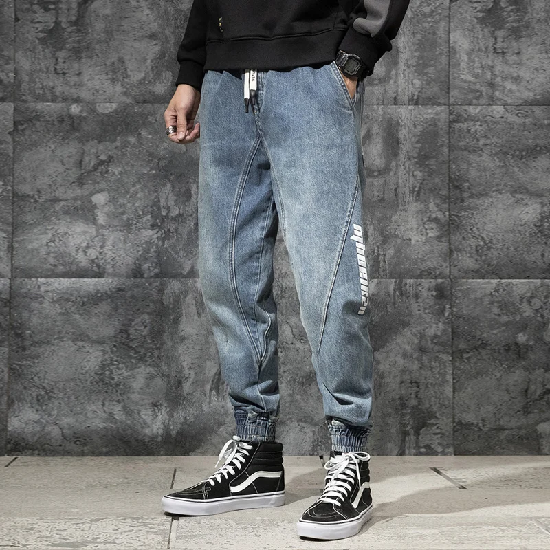 

Japanese Vintage Fashion Men Jeans Retro Blue Loose Fit Spliced Denim Cargo Pants Printed Designer Joggers Hip Hop Jeans Men