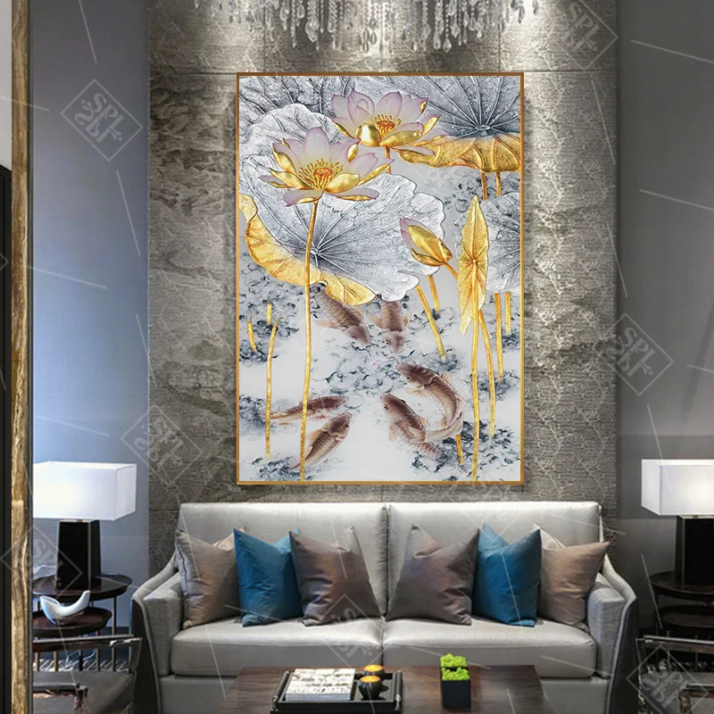 Abstract-Gold-Lotus-Fishes-Canvas-Painting-Modern-Poster-Art-Cuadros-New-Chinese-Style-Decor-Wall-Pictures (2)