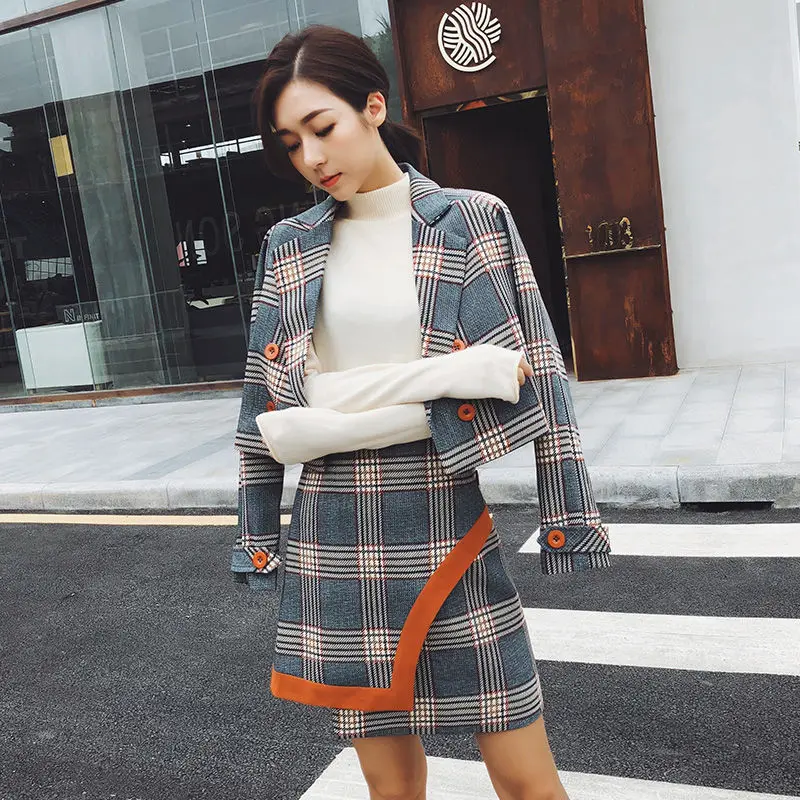 

Street Spring Autumn Office Ladies Skirt Set Women Short Plaid Long Sleeve Blazers Tops and Slim Irregular Skirts Suits NS972