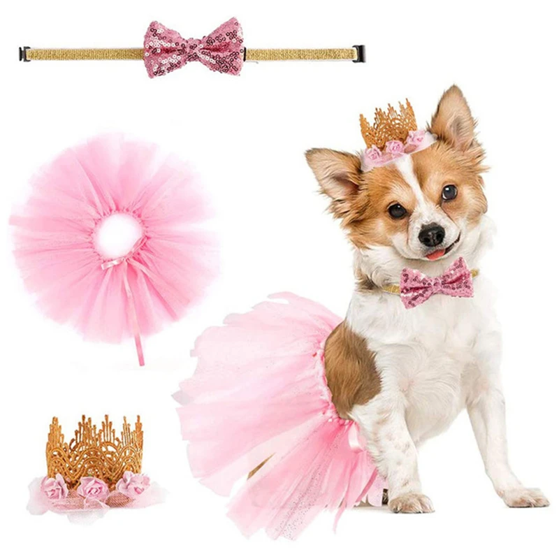 Pet birthday party tiara hat dog pet items collar princess dress Cute Pink Dog Birthday Outfit