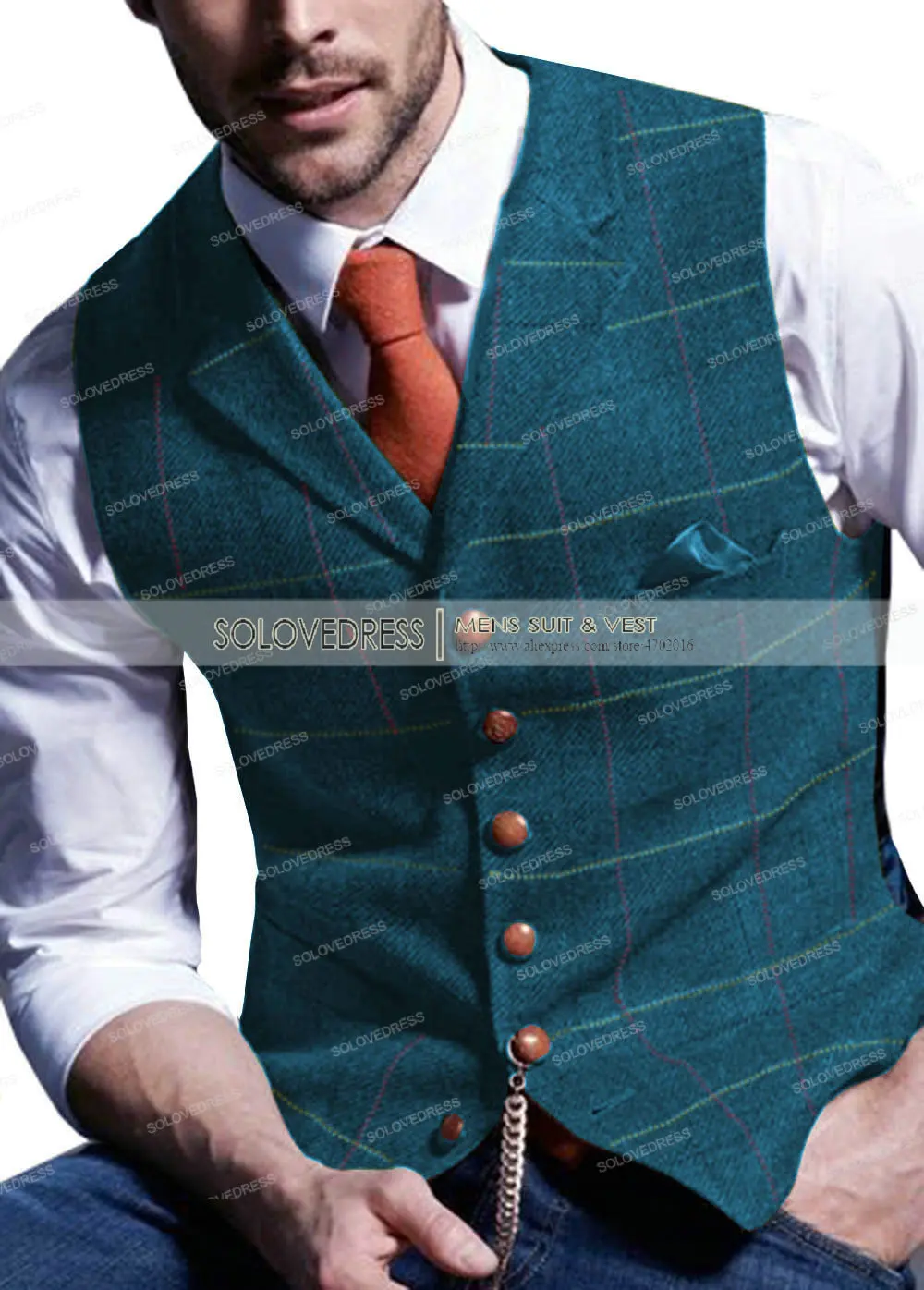 Chaleco de trabajo formal con solapa para hombre, chaleco de lana de tweed  a cuadros, para padrinos de boda (espalda satinada), Verde ejército, XS