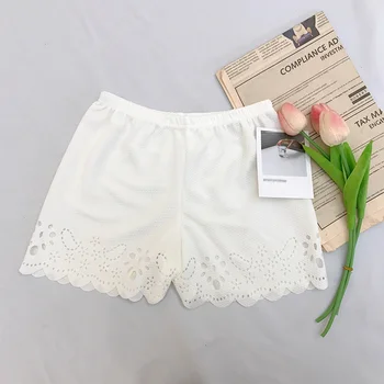 

B 2020 Summer Loose Fashion Women' s Shorts Lace Decoration Anti-light Shorts Hollow Design Solid Color Shorts