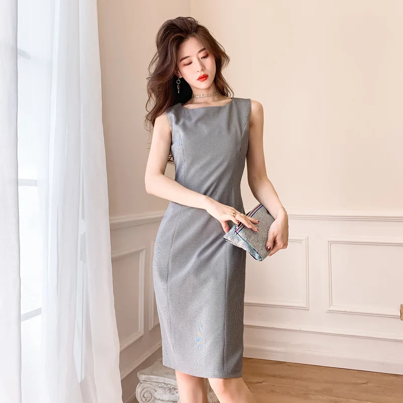 

Summer 2019 New Style Women's Korean-style Ol Career Elegant Crew Neck Sleeveless Slim Fit Thousands of Birds Slit Sheath Dress