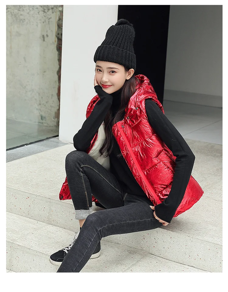 Women Vest Winter Korean Fashion Short Glossy Down Cotton Padded Vests Coat Casual Hooded Sleeveless Jacket Waistcoat