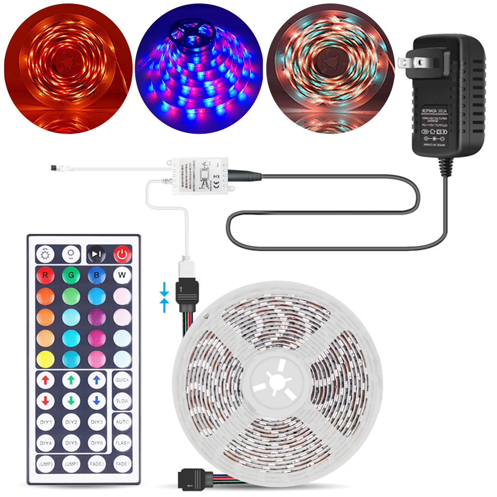 

5m/300LEDs 5050RGB LED Light Strip 44-key Controller+Adapter Set Home Atmosphere Lights Adjustable Flexible DC/12V Ambient Lamp