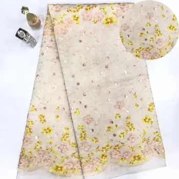 

newest style embroidered net lace fabric with muti color sequins african lace nigeria tulle net fabric for party dress