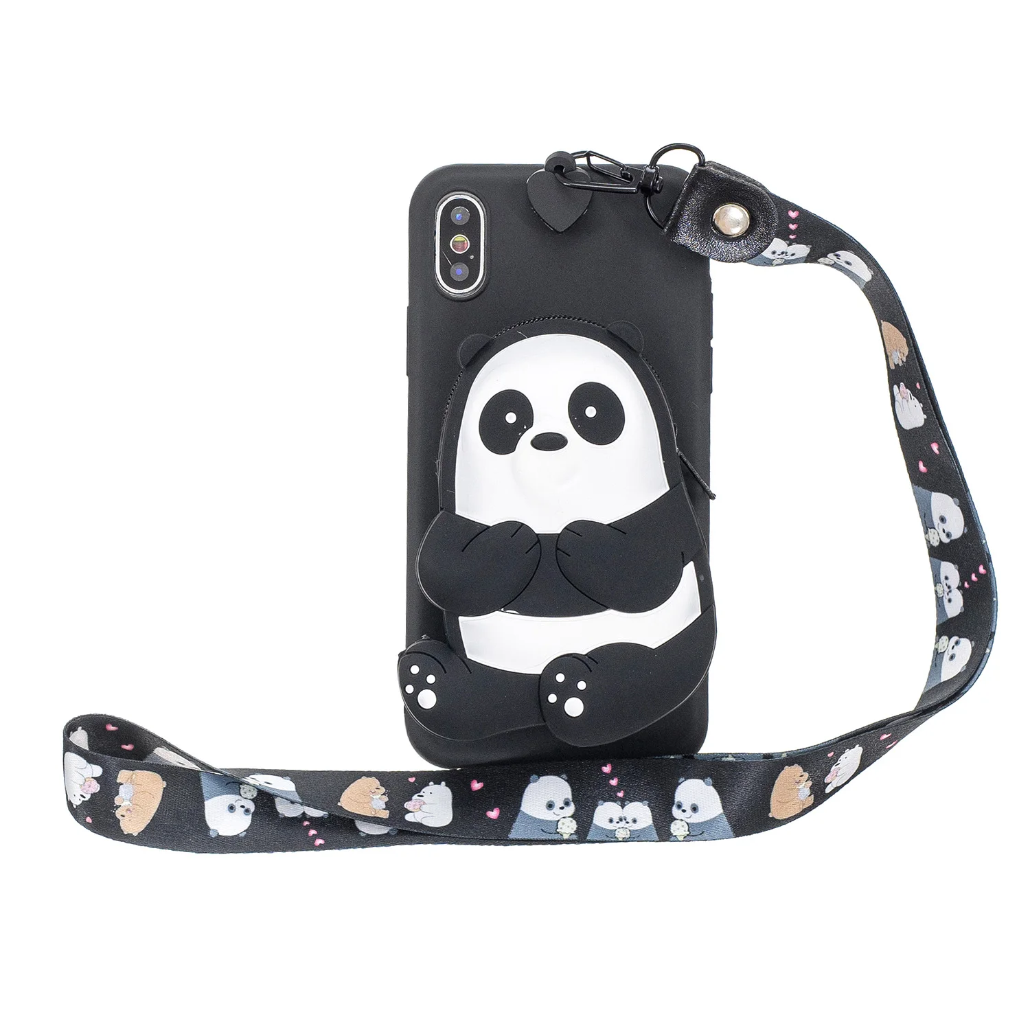 black panda Чехол с милым медведем пандой Дамбо на шею для iPhone 11 Pro Max 6 7 8Plus X XS Max XR Etui Coque Fundas наушники Сменные сумочки - Цвет: black panda